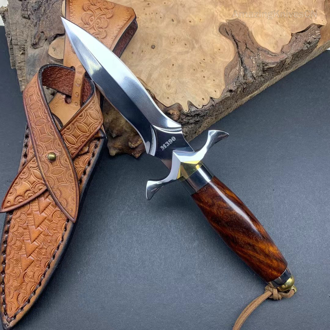 Handmade Dagger M390/Damascus Blade Knife Double Cutting Edge W/ Sheath Wood Edc - AK-HT0613