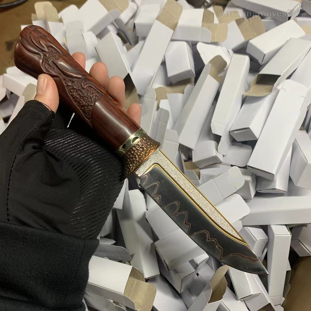 Collectible Handcrafted Copper Damascus Steel Knife Full Tang Desert Ironwood - AK-HT0910-2