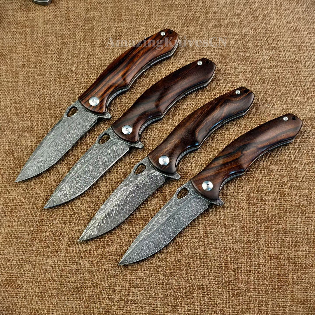 Collectible Feather Knife Folding Pocket Knife Survival Tactical Ball Bearing Flipper with Leather Sheath - AK-HT1010