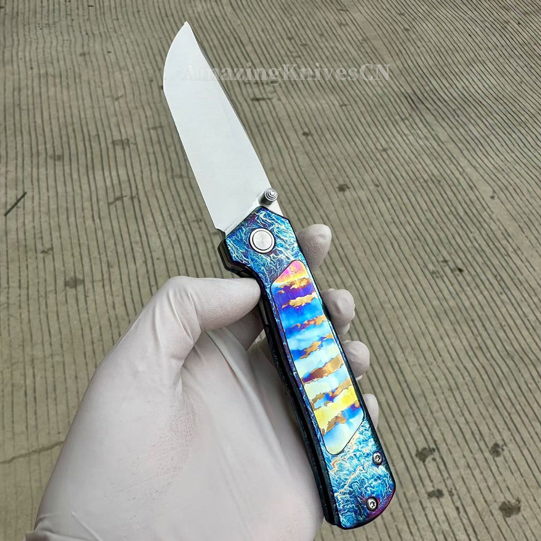 Sandvik 14C28N Steel Steel Pocket Knife Titanium Handle Ball Bearing with Clip - AK-HT1019