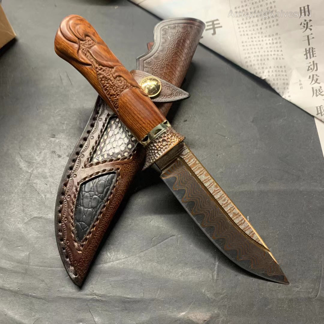 Collectible Handcrafted Copper Damascus Steel Knife Full Tang Desert Ironwood - AK-HT0910-1