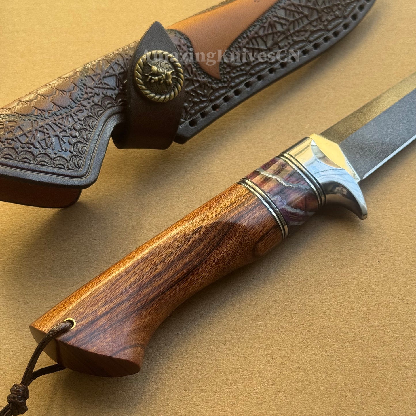 Handcrafted Wootz Steel Fixed Blade Bowie Collectible Knife Desert Ironwood Handle with Leather Sheath - AK-HT0957