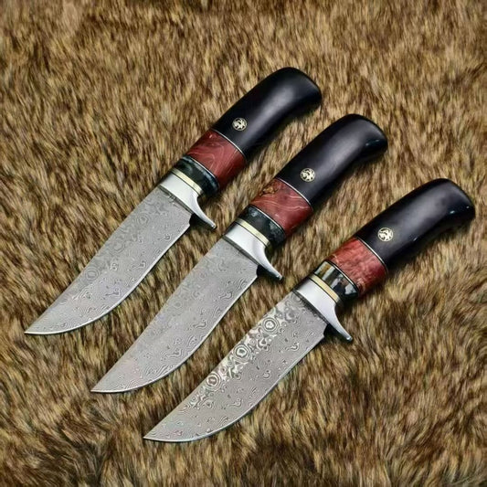 Nordic Fixed Blade Knife – Solid Damascus Steel, Mammoth Molar Fossil & Ebony Burl Handle - AK-HT1050