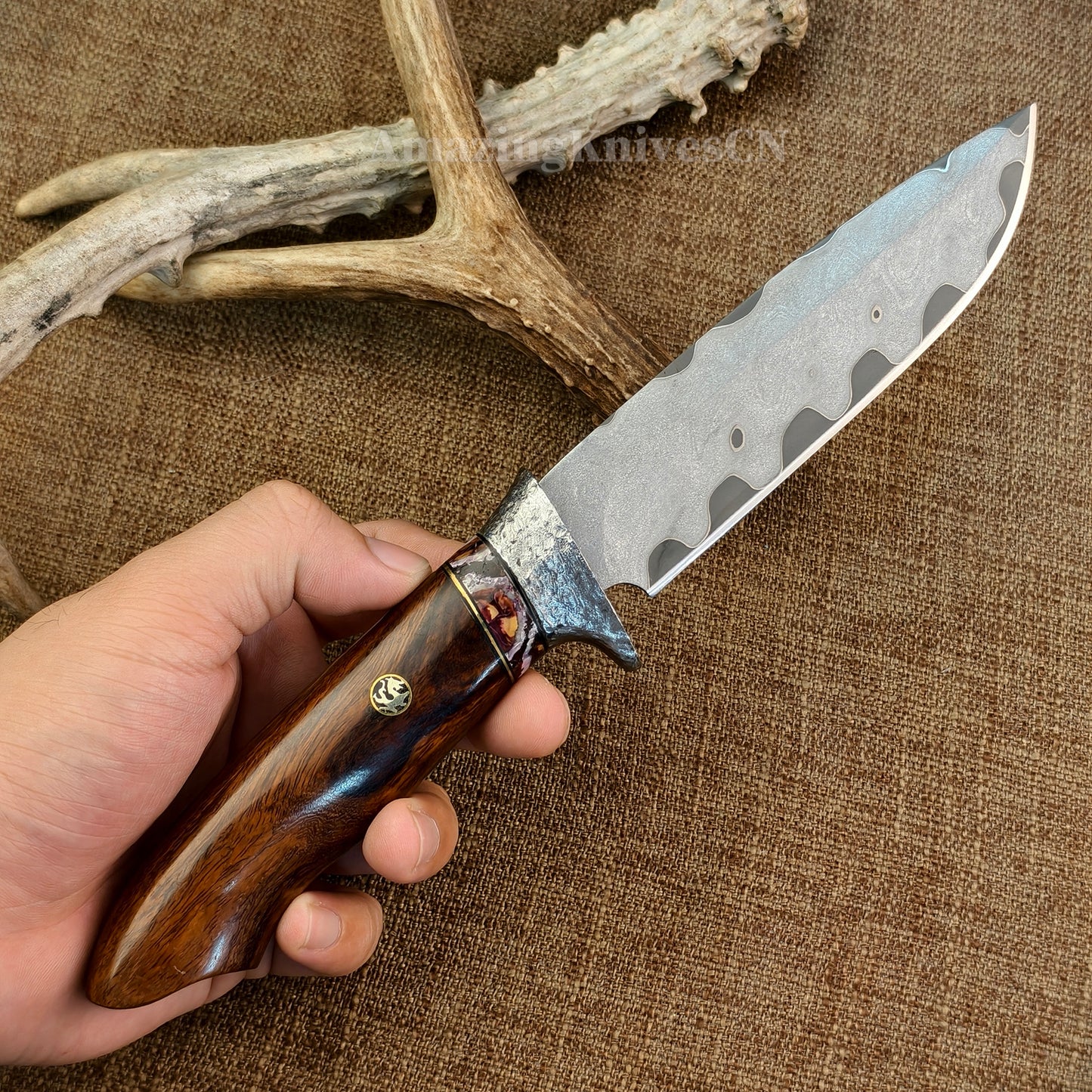 Rare Handforged Damascus Steel Ironwood Straight Hunting Outdoor Knife with Sheath- AK-HT0652-U