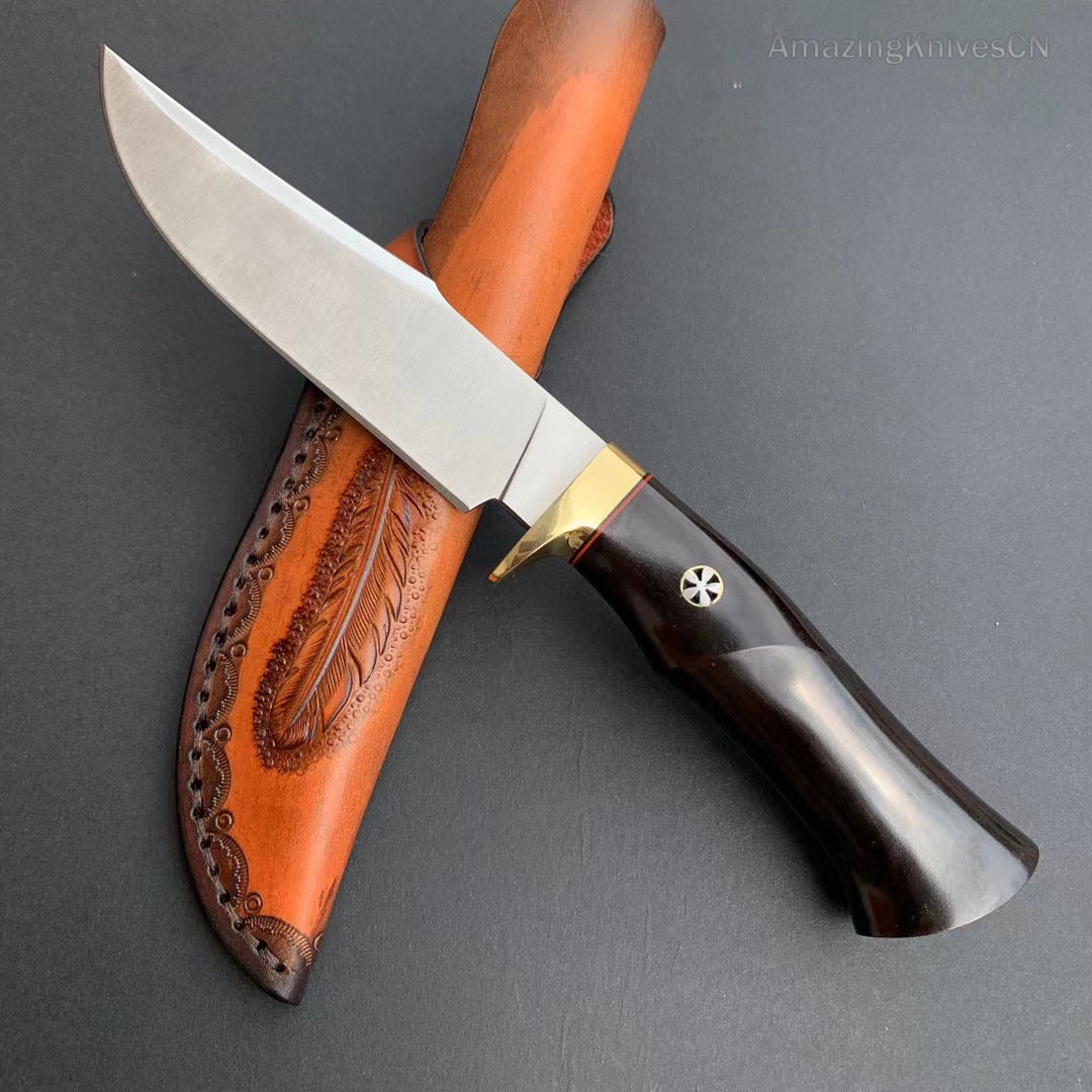 Damascus Hunting Knife Outdoor Survival Knife Purpleheart Wood w/ Leather Sheath - AK-HT0904