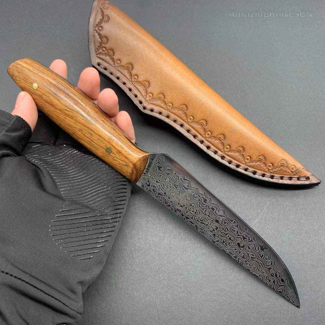 VG10 Damascus Utility Knife Paring Knife Fixed Blade Ebony Handle w/ Sheath - AK-HT0912