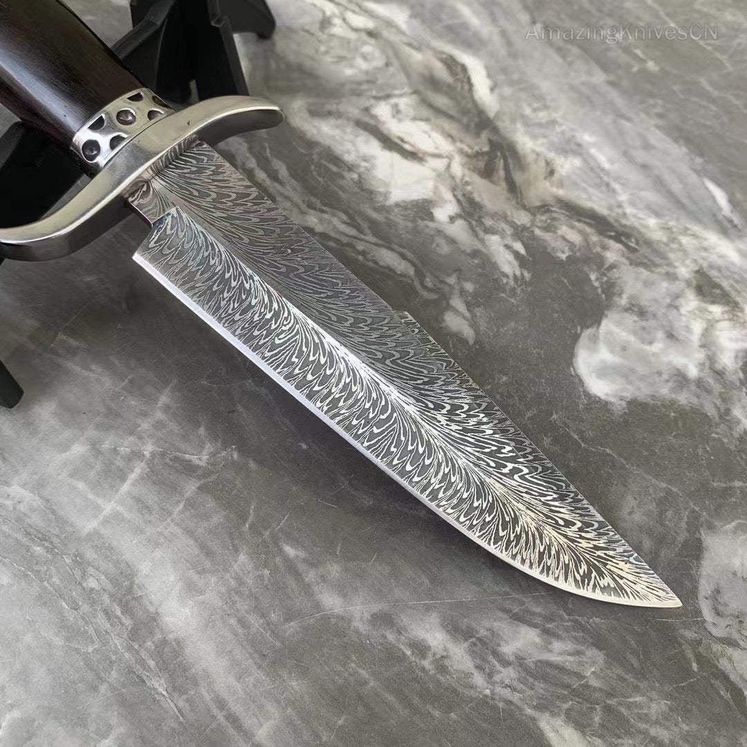 Stainless Steel Hunting Knife Feather Pattern Survival Fixed Blade Bowie - AK-HT0498-B