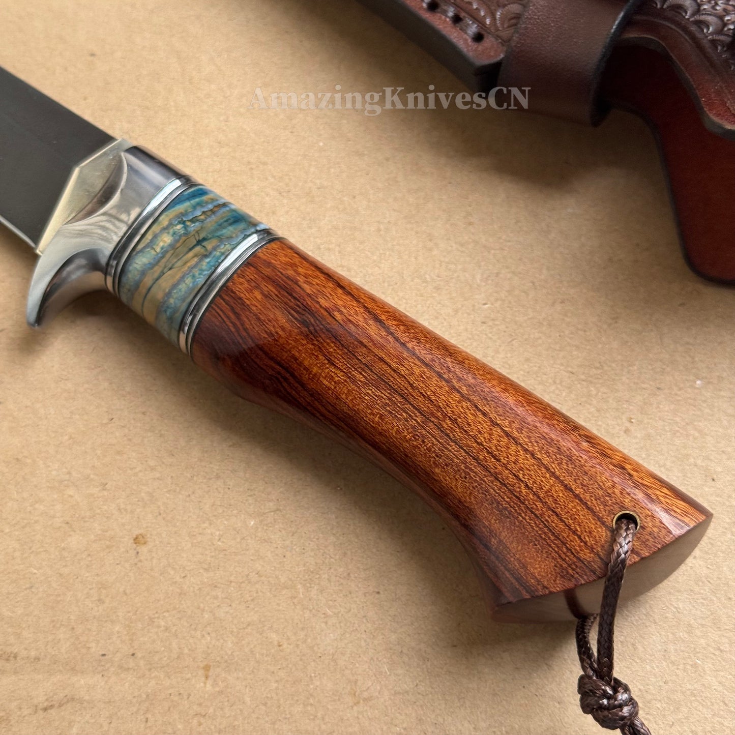 Handcrafted Wootz Steel Fixed Blade Bowie Collectible Knife Desert Ironwood Handle with Leather Sheath - AK-HT0957