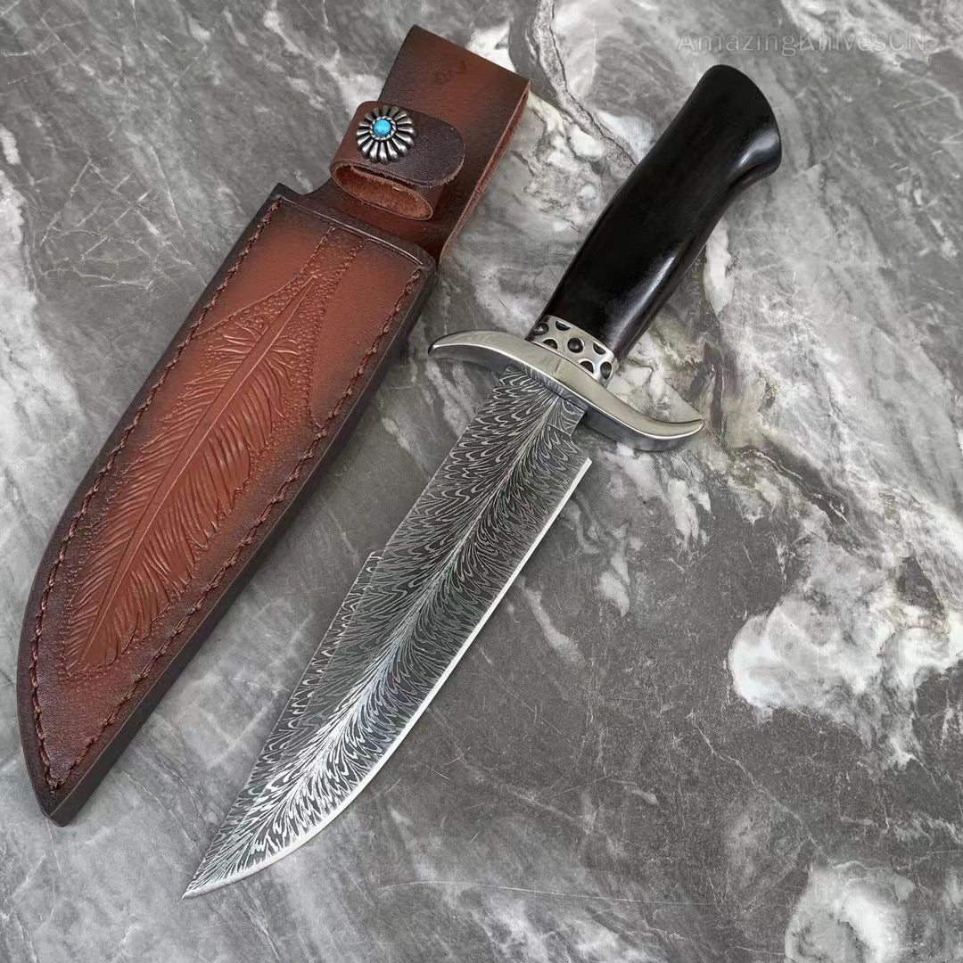 Stainless Steel Hunting Knife Feather Pattern Survival Fixed Blade Bowie - AK-HT0498-B