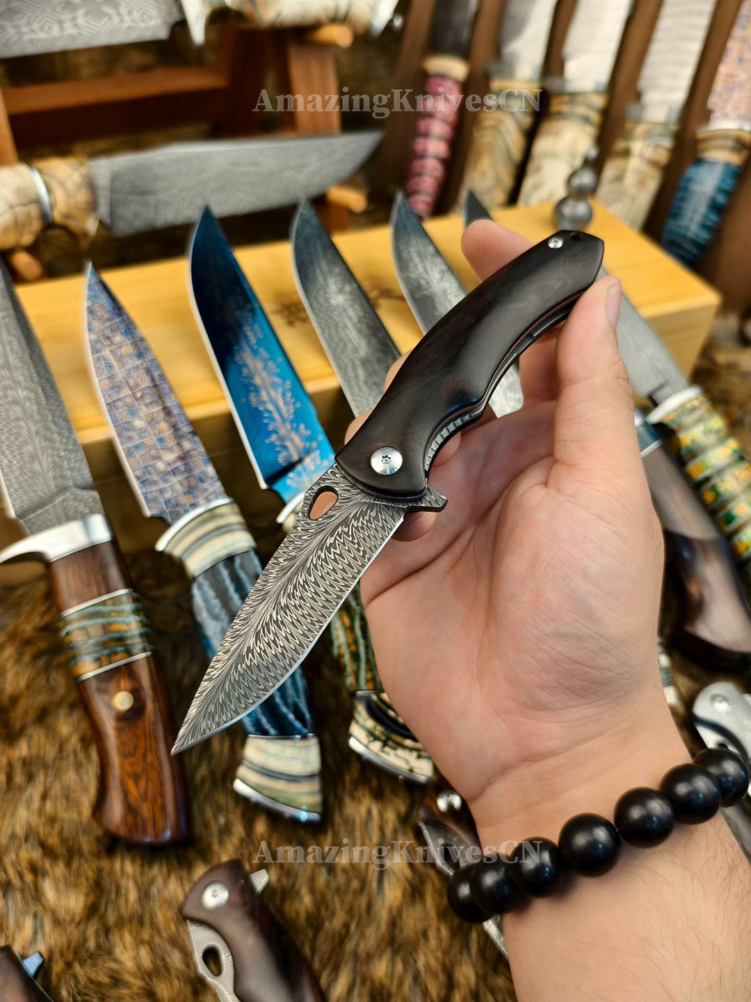 Collectible Feather Knife Folding Pocket Knife Survival Tactical Ball Bearing Flipper with Leather Sheath - AK-HT1010