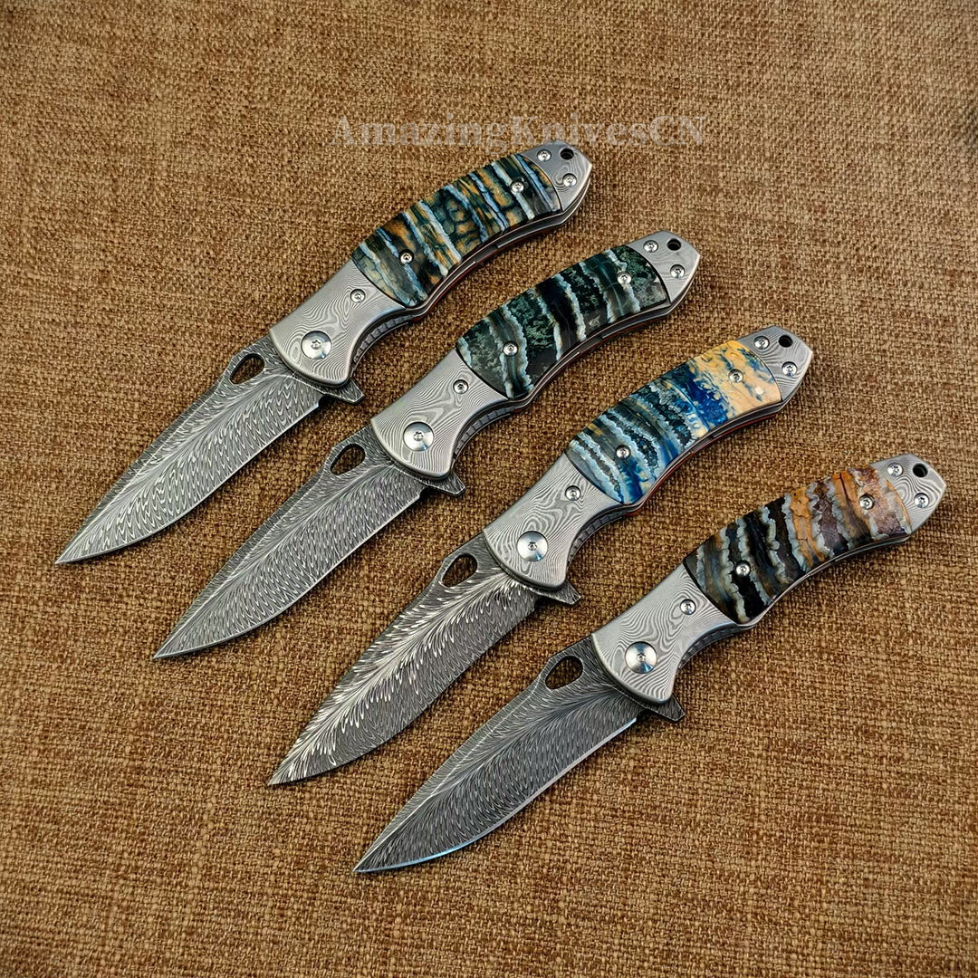 Collectible Feather Knife Folding Pocket Knife Survival Tactical Ball Bearing Flipper with Leather Sheath - AK-HT1010