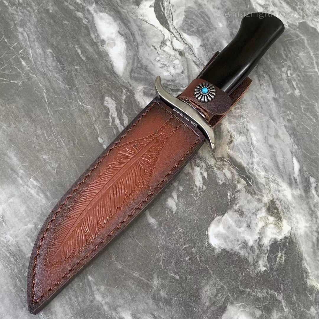 Stainless Steel Hunting Knife Feather Pattern Survival Fixed Blade Bowie - AK-HT0498-B