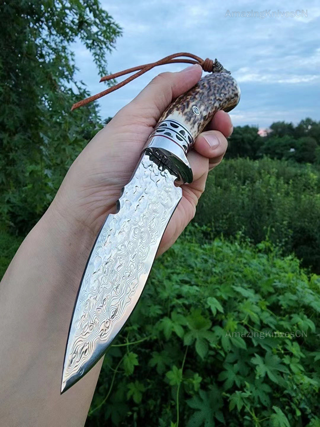 VG10 Damascus Survival knife Bowie Knife Hunting Knife Fixed Blade Stag Antler Sheath - AK-HT0915