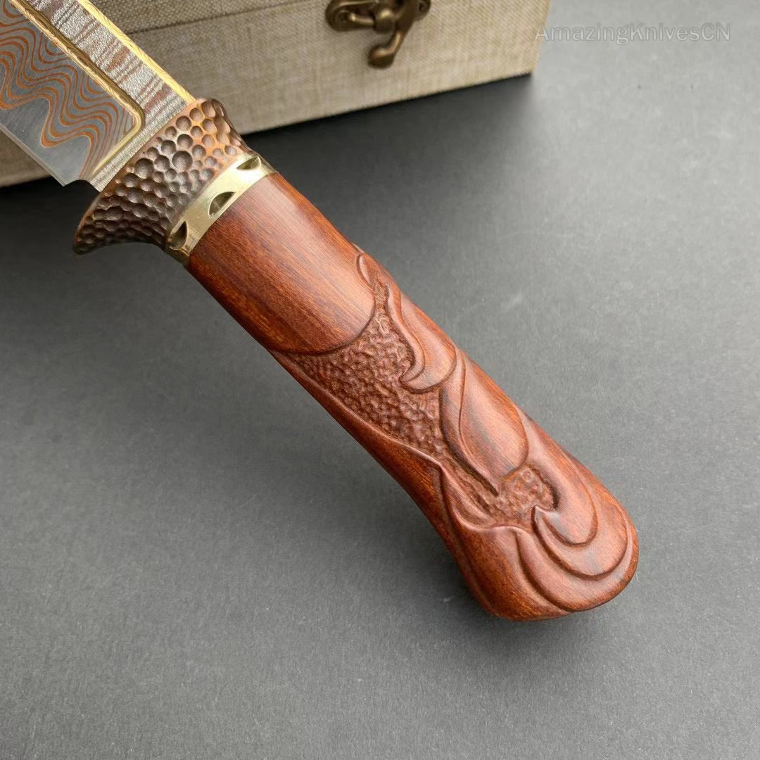 Collectible Handcrafted Copper Damascus Steel Knife Full Tang Desert Ironwood - AK-HT0910-1