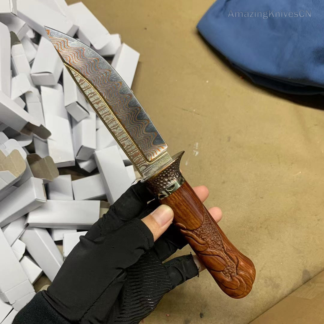 Collectible Handcrafted Copper Damascus Steel Knife Full Tang Desert Ironwood - AK-HT0910-1