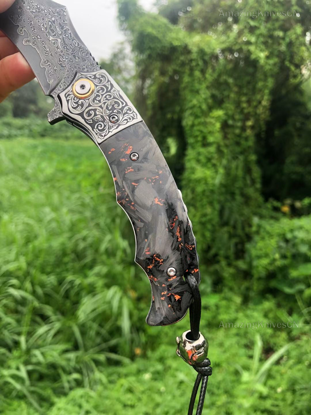 Vg10 Damascus Hunting Survival Folding Pocket Knife Carbon Fiber Ball Bearing - AK-HT0831 -C