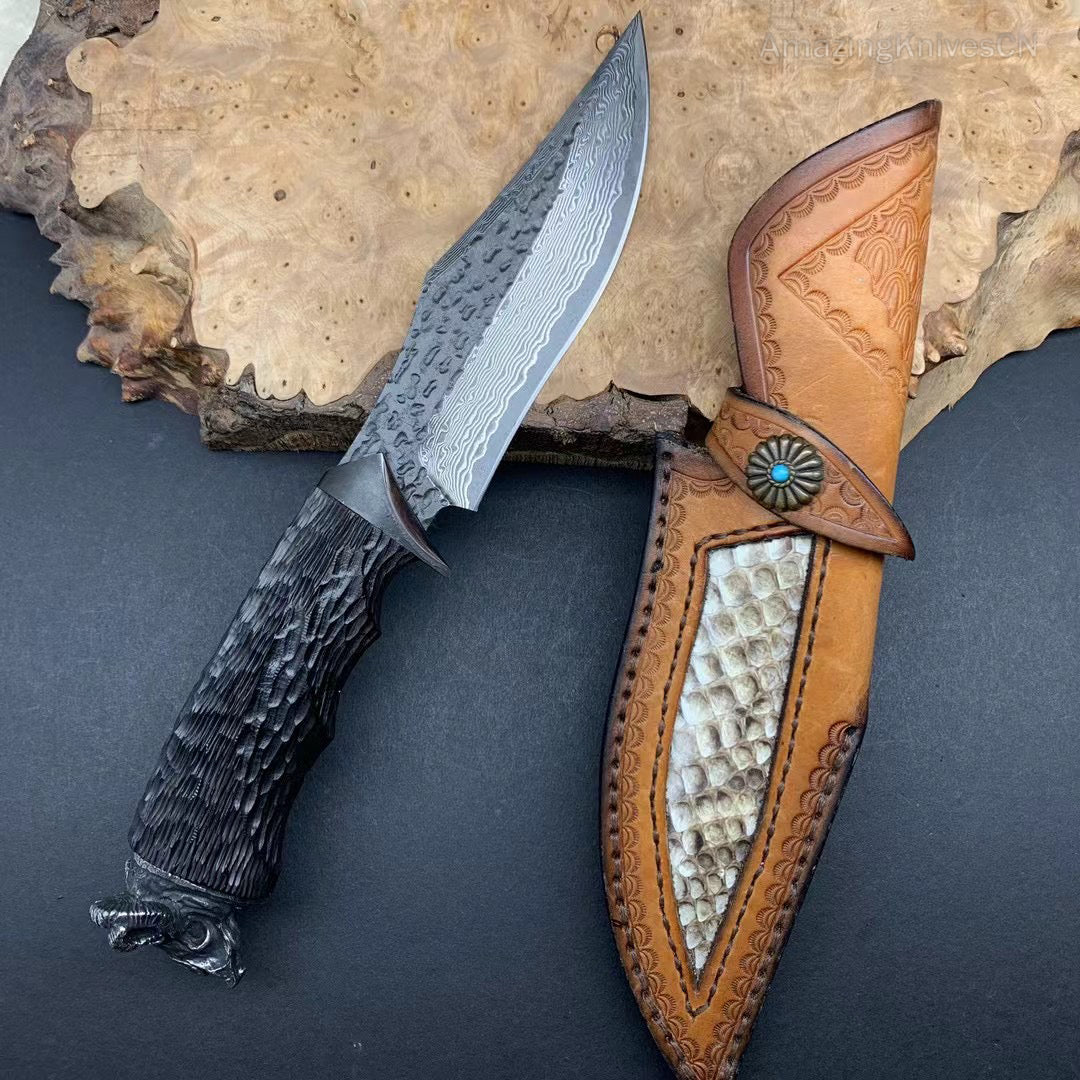 Forged VG10 Damascus Steel Hunting Knife Survival Knife Bowie Black Goat Head - AK-HT0731-D