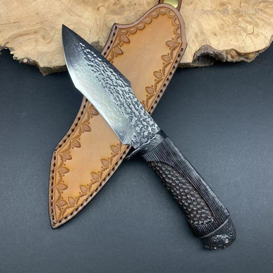 Vg10 Damascus Survival Hunting Knife Fixed Blade Ebony Black Carved Gorilla Head - AK-HT0345