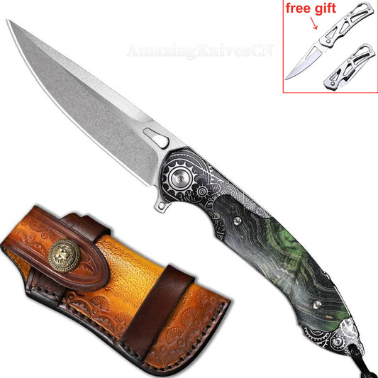 M390 Blade Pocket Knife Tactical Flipper Ceramic Ball Bearings w/ Leather Sheath - AK-HT0992