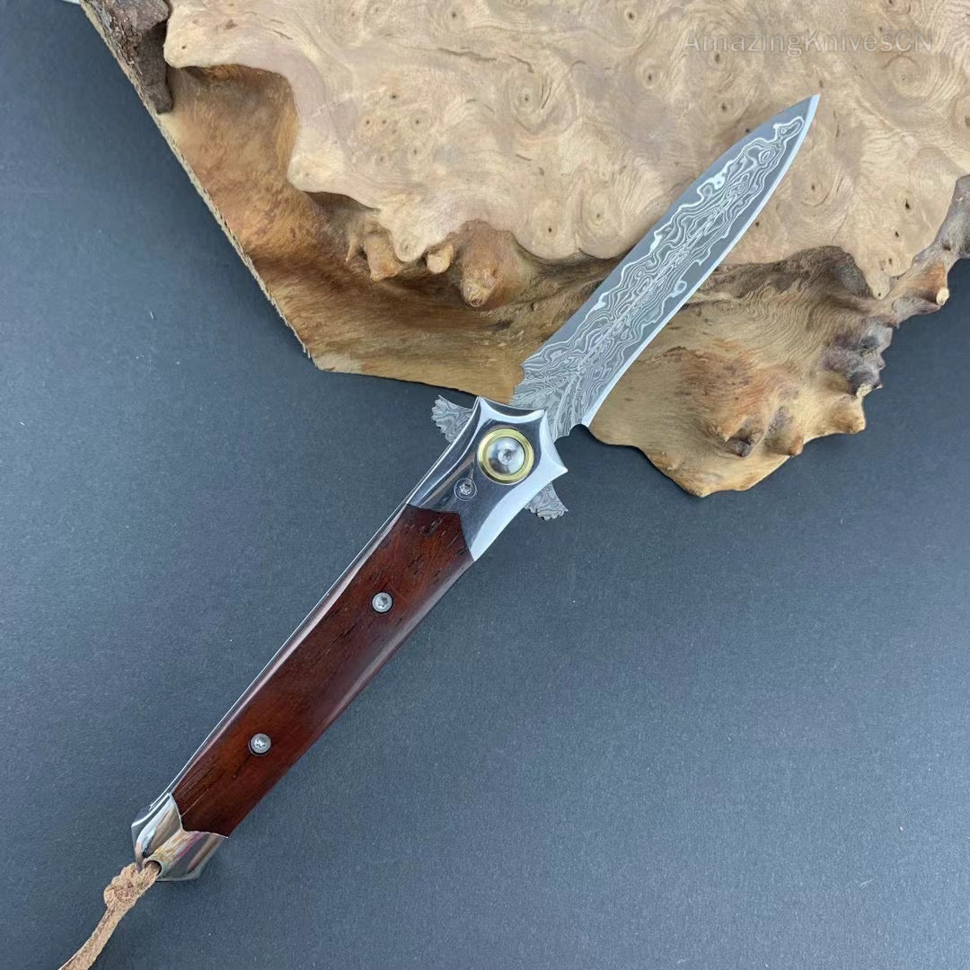 Damascus Steel Flipper Knife Folding Blade Tactical Knife Needle Point - AK-HT0919