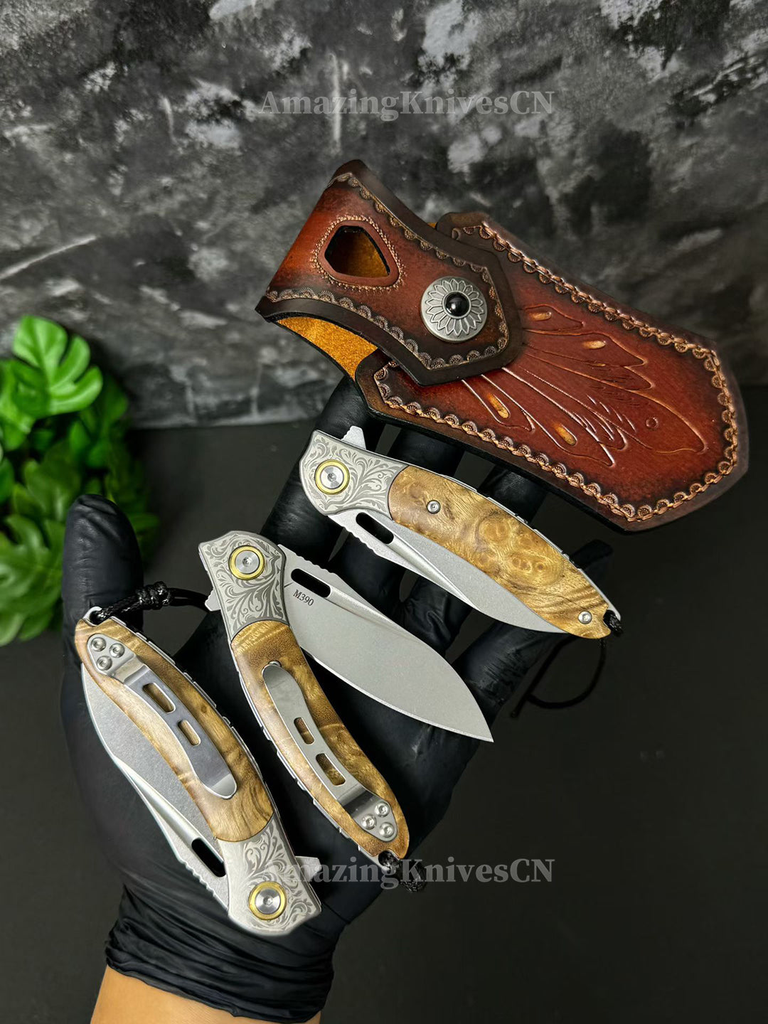 Desolate Horizon Blade – Handcrafted M390 Folding Knife with White Shadow Wood Handle - AK-HT1029