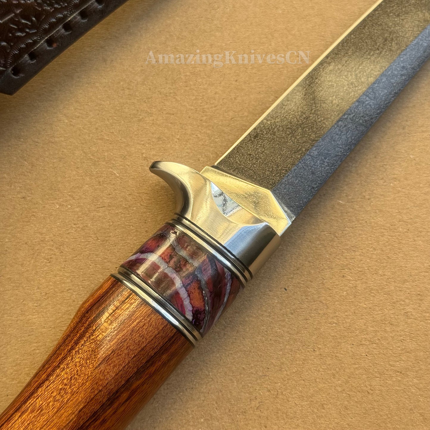 Handcrafted Wootz Steel Fixed Blade Bowie Collectible Knife Desert Ironwood Handle with Leather Sheath - AK-HT0957