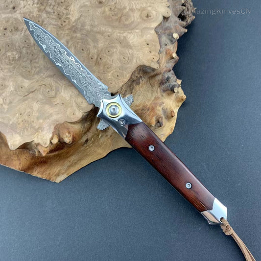 Damascus Steel Flipper Knife Folding Blade Tactical Knife Needle Point - AK-HT0919