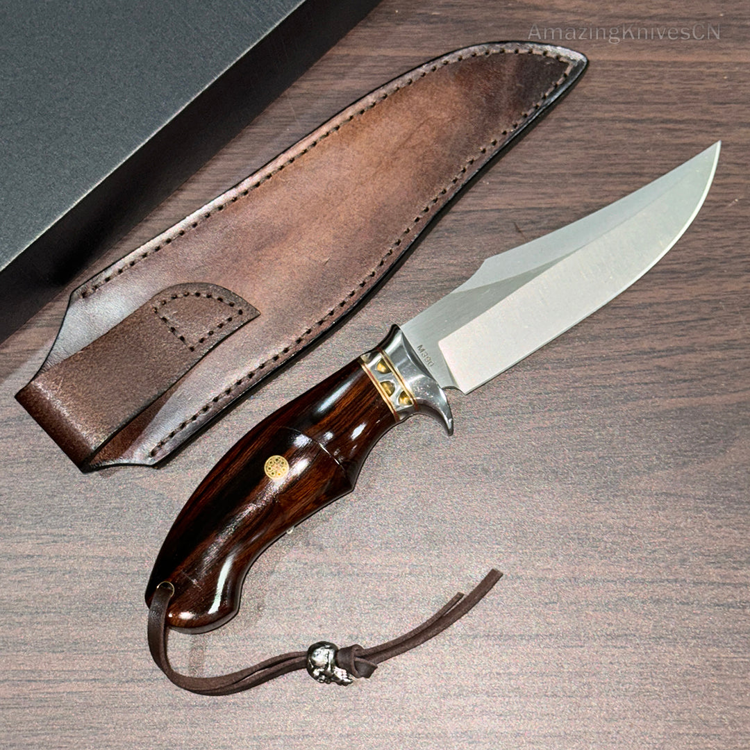 High Quality M390 Steel Bowie Knife Fixed Blade Ironwood Handle with Leather Sheath - AK-HT0853
