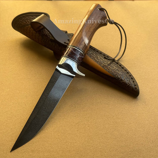 Handcrafted Wootz Steel Fixed Blade Bowie Collectible Knife Desert Ironwood Handle with Leather Sheath - AK-HT0957