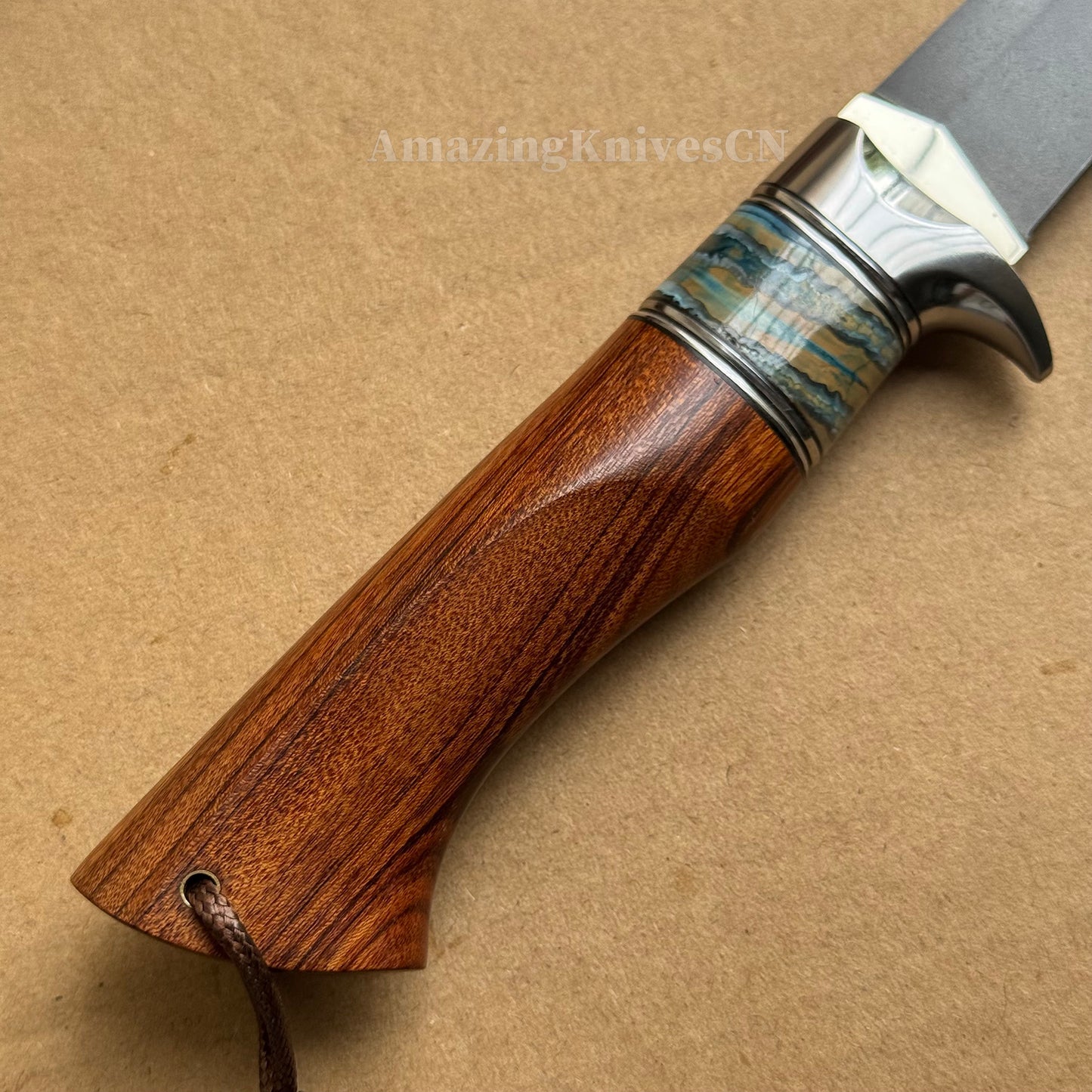 Handcrafted Wootz Steel Fixed Blade Bowie Collectible Knife Desert Ironwood Handle with Leather Sheath - AK-HT0957
