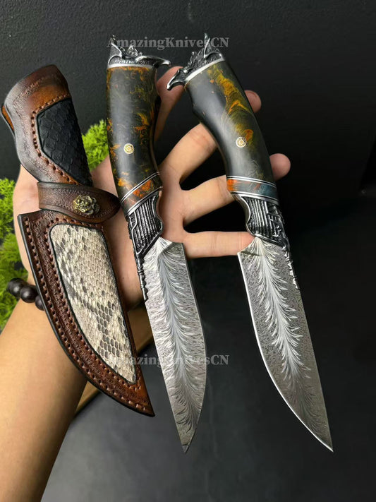 Collectible Feather Damascus Knife with Handmade Italian Snakeskin Leather Sheath - AK-HT1007