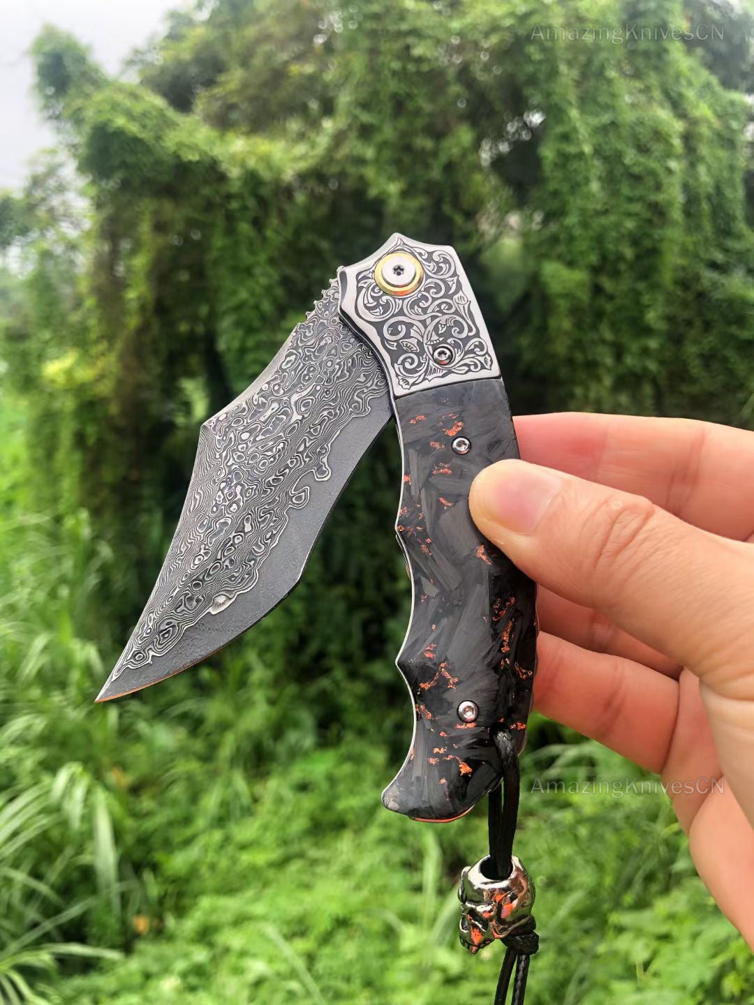 Vg10 Damascus Hunting Survival Folding Pocket Knife Carbon Fiber Ball Bearing - AK-HT0831 -C