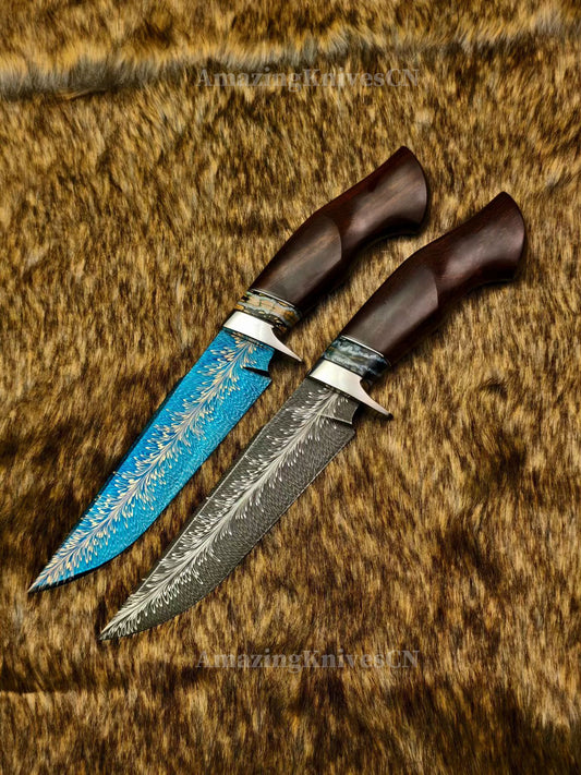 Top Tier Collectible Knife Luxury Handforged Feather Damacus Steel Bowie Knife with Leather Sheath - AK-HT1013