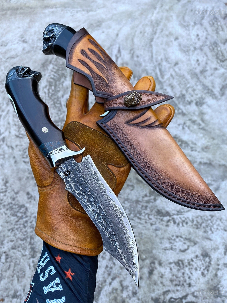 VG10 Hunting Knife Damascus Steel Bowie Survival Knife Full Tang Bushcraft Ebony -AK-HT0680