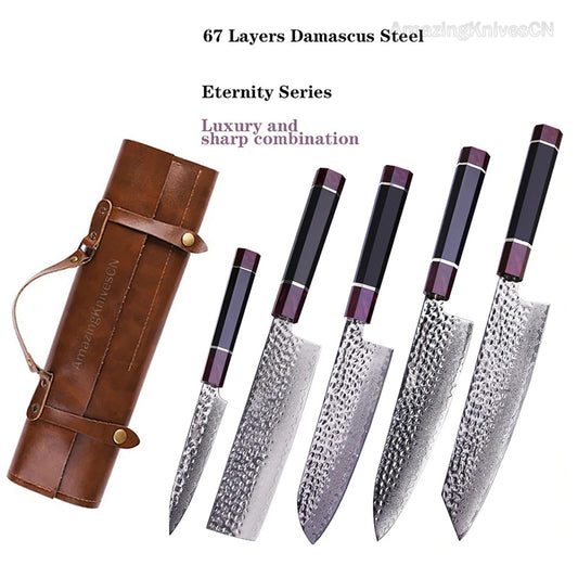 67-Layer Damascus Steel Kithcen Knife Set with Leather Case Amazing Quality -AK-DS0819-S