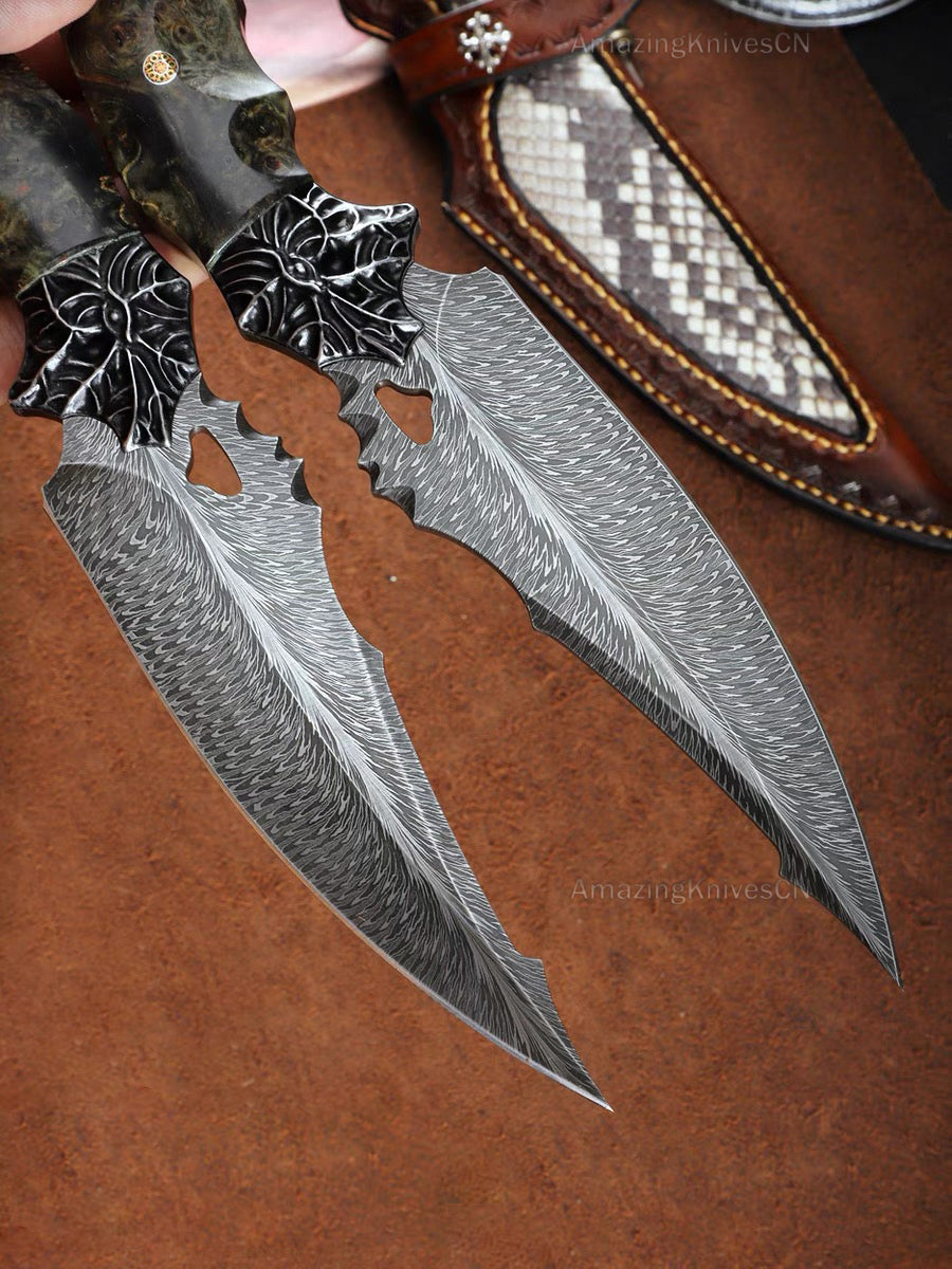Collectible Luxury Feather Damascus Steel Knife Hunting Knife Stable Wood - AK-HT0860