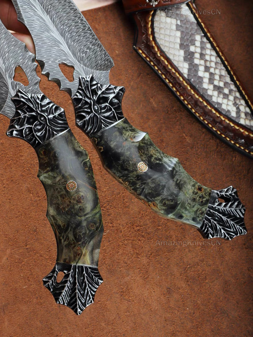 Collectible Luxury Feather Damascus Steel Knife Hunting Knife Stable Wood - AK-HT0860