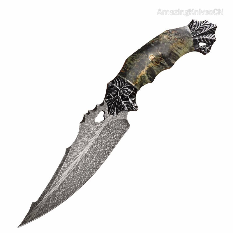Collectible Luxury Feather Damascus Steel Knife Hunting Knife Stable Wood - AK-HT0860