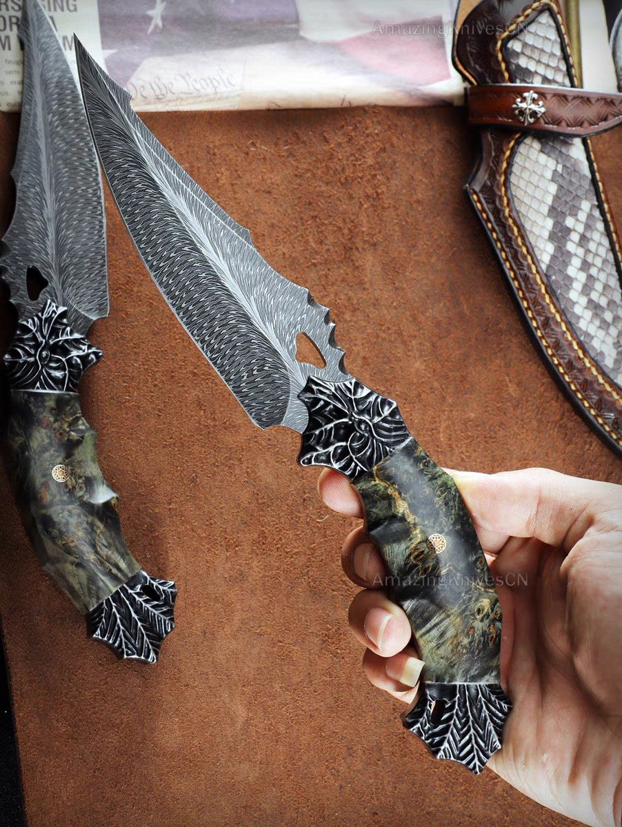 Collectible Luxury Feather Damascus Steel Knife Hunting Knife Stable Wood - AK-HT0860