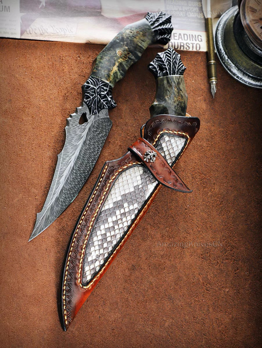 Collectible Luxury Feather Damascus Steel Knife Hunting Knife Stable Wood - AK-HT0860