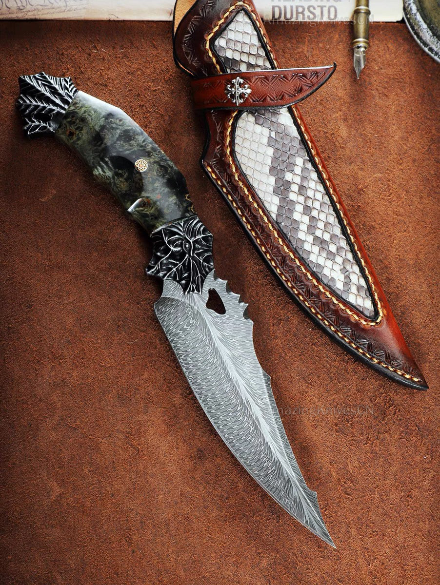 Collectible Luxury Feather Damascus Steel Knife Hunting Knife Stable Wood - AK-HT0860