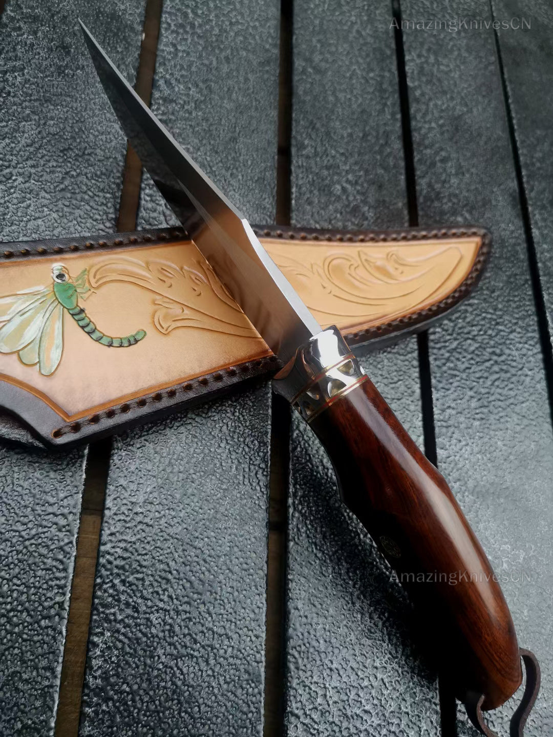 High Quality M390 Steel Bowie Knife Fixed Blade Ironwood Handle with Leather Sheath - AK-HT0853