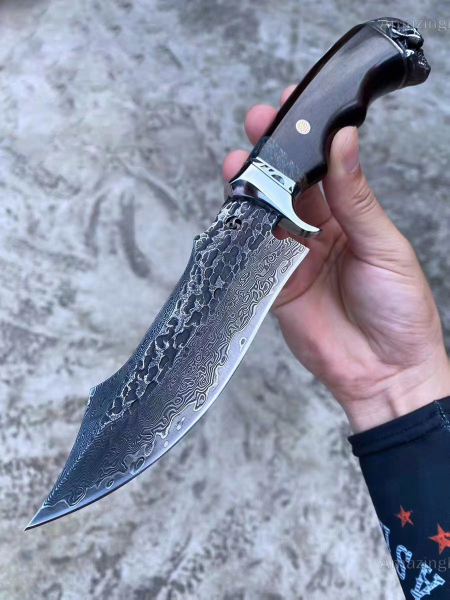 VG10 Hunting Knife Damascus Steel Bowie Survival Knife Full Tang Bushcraft Ebony -AK-HT0680