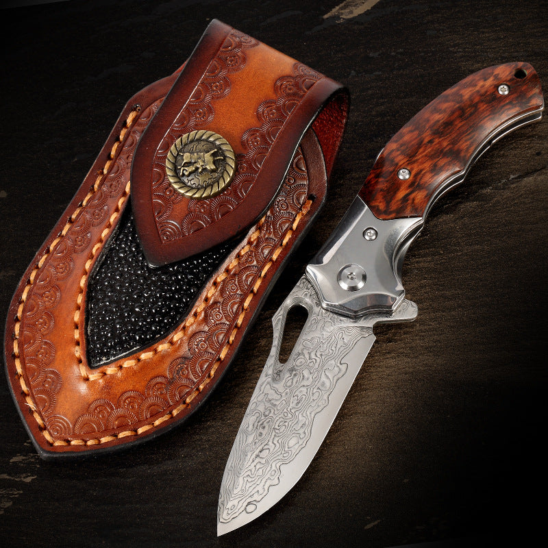 Damascus Folding Knife Snakewood Handle- AK-HT0337