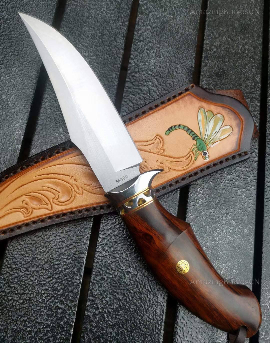 High Quality M390 Steel Bowie Knife Fixed Blade Ironwood Handle with Leather Sheath - AK-HT0853