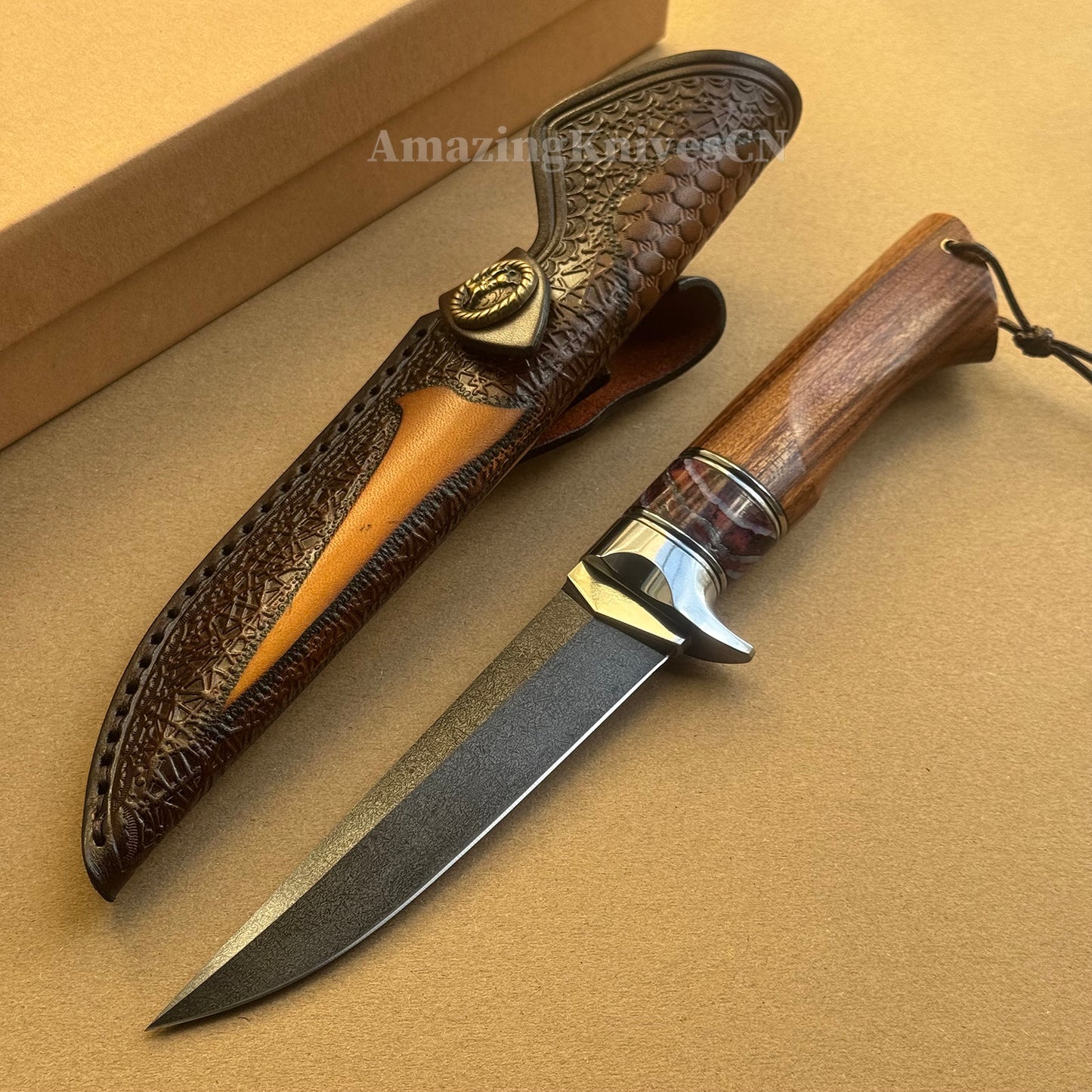 Handcrafted Wootz Steel Fixed Blade Bowie Collectible Knife Desert Ironwood Handle with Leather Sheath - AK-HT0957