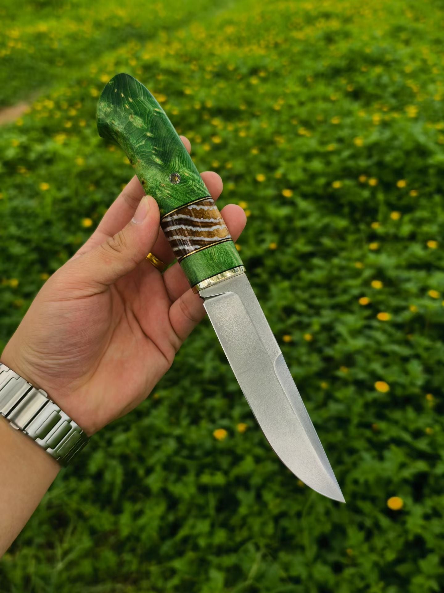 Wootz Steel Knife – Polished Blade, Mammoth Molar Fossil & Stabilized Green Maple Burl Handle - AK-HT1052
