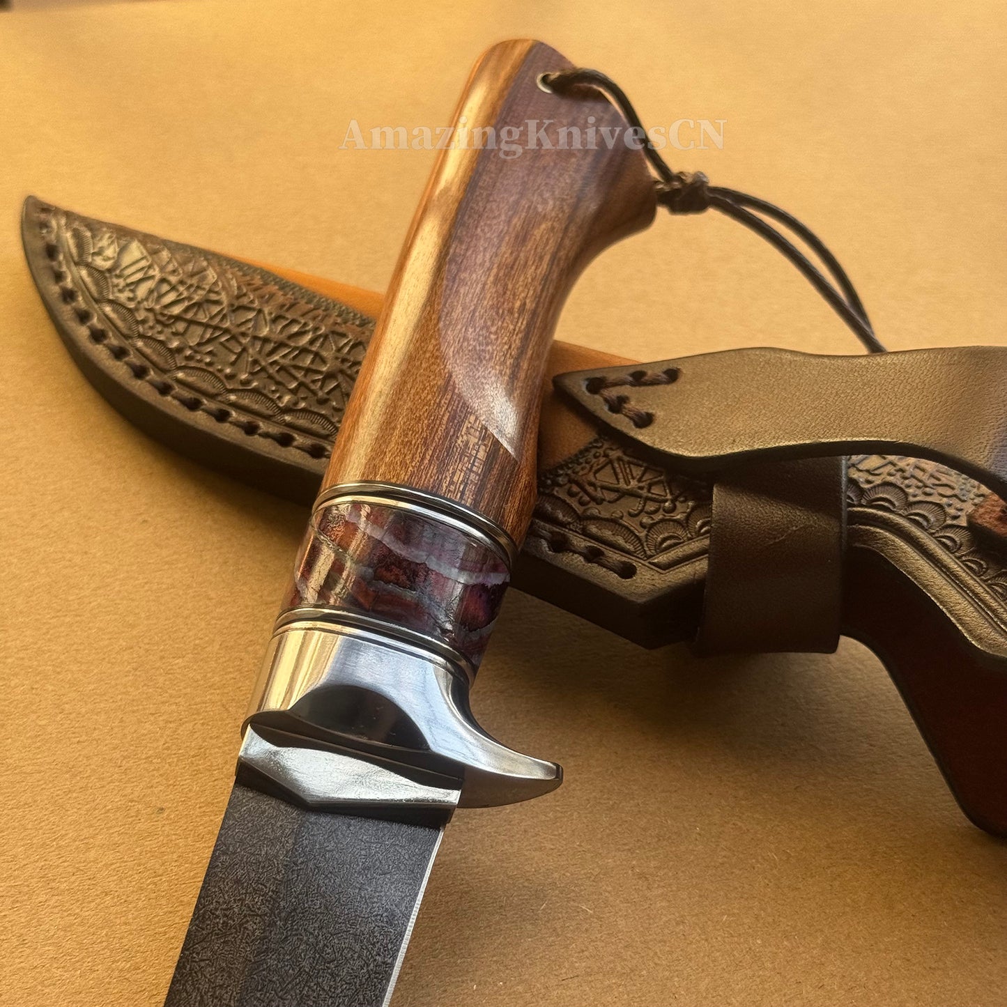 Handcrafted Wootz Steel Fixed Blade Bowie Collectible Knife Desert Ironwood Handle with Leather Sheath - AK-HT0957