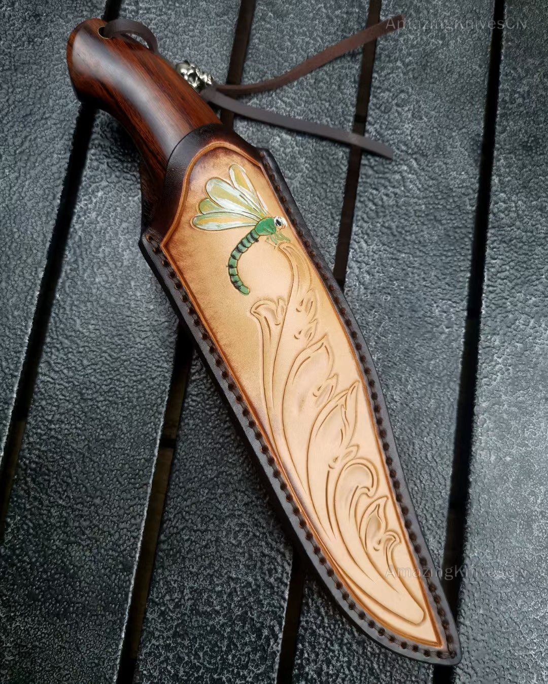 High Quality M390 Steel Bowie Knife Fixed Blade Ironwood Handle with Leather Sheath - AK-HT0853