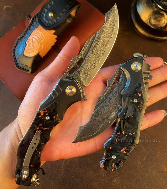 VG10 Damascus Hunting Survival Pocket Knife Carbon Fiber with Clip Ball Bearing - AK-HT0959